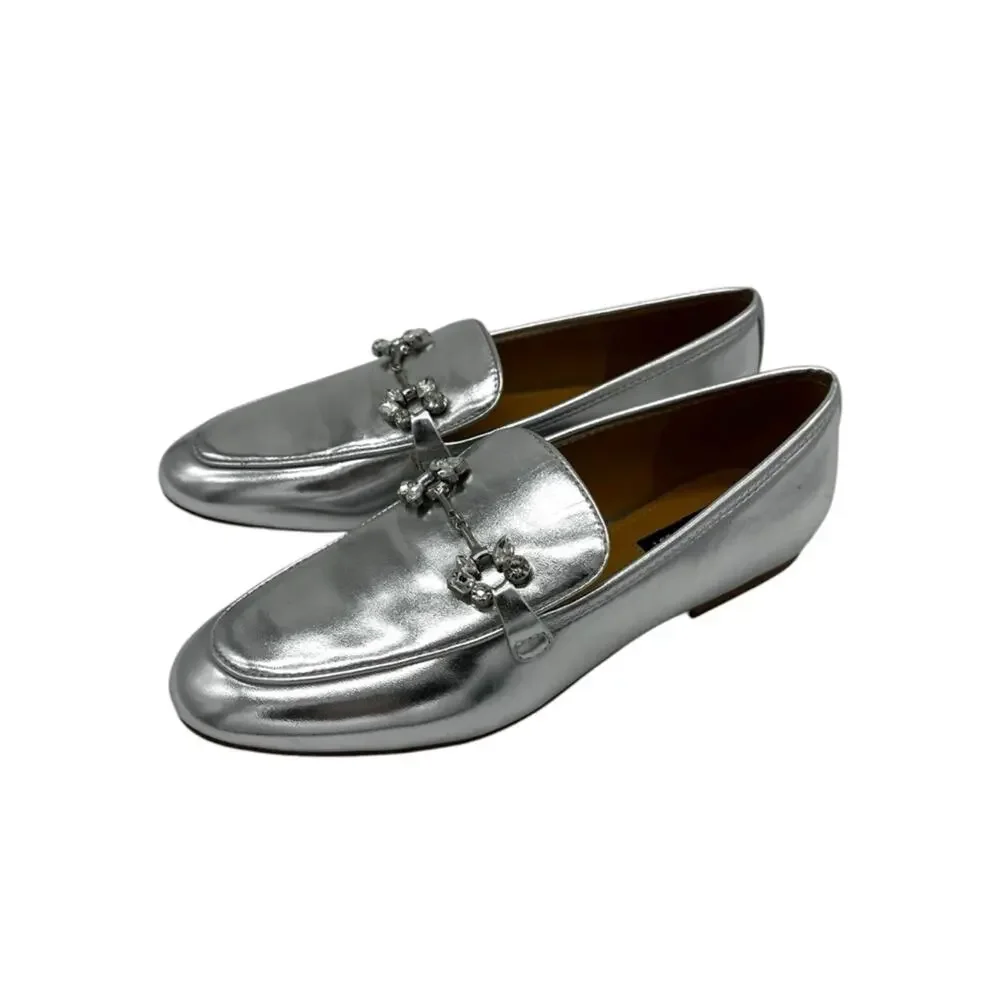 Nine West Bennit Bit Chain Loafers Metallic Silver - Size 6M